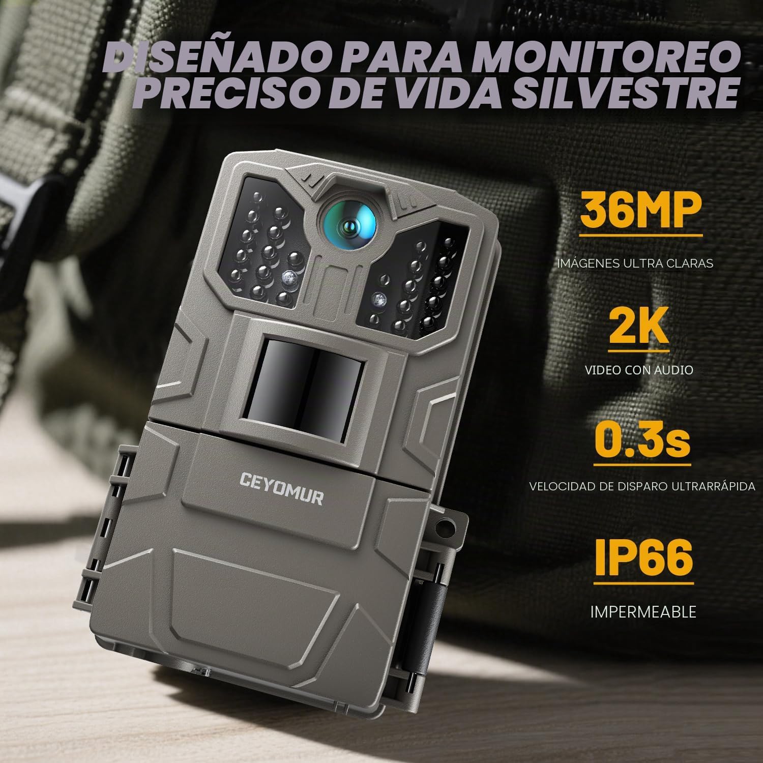 Cámara trampa CEYOMUR con especificaciones de 36 MP, video 2K, disparo de 0,3 s e IP66