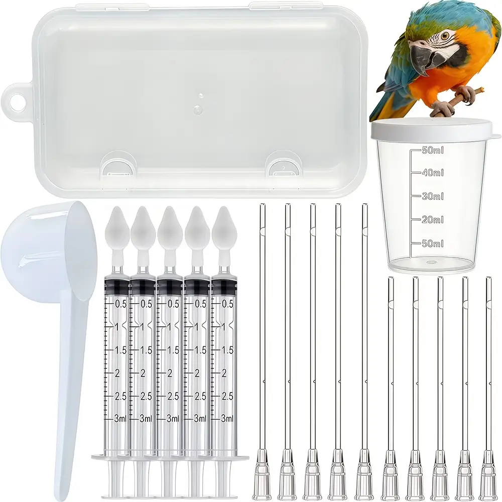 Kit de alimentaci&oacute;n para aves con jeringas, puntas, recipiente graduado y cuchara dosificadora