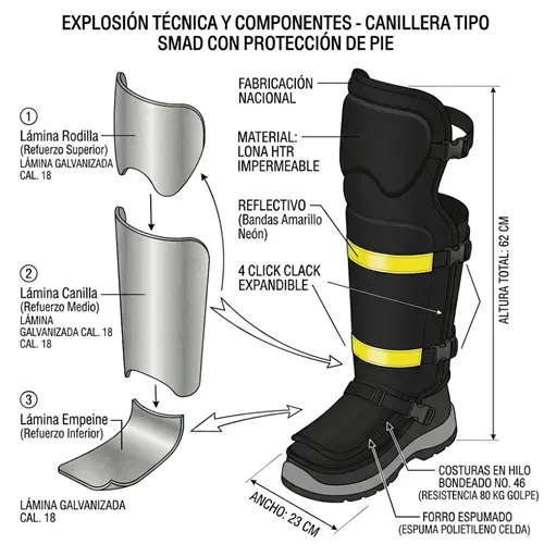 Canilleras Tipo SMAD con protección de pie puestas sobre botas